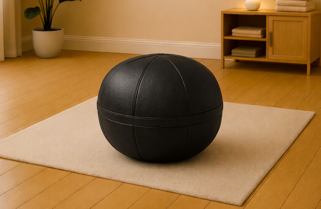 Schwarzer Balance-Pouf von Bodywork auf Trainingsmatte in modernem, warm beleuchtetem Raum
