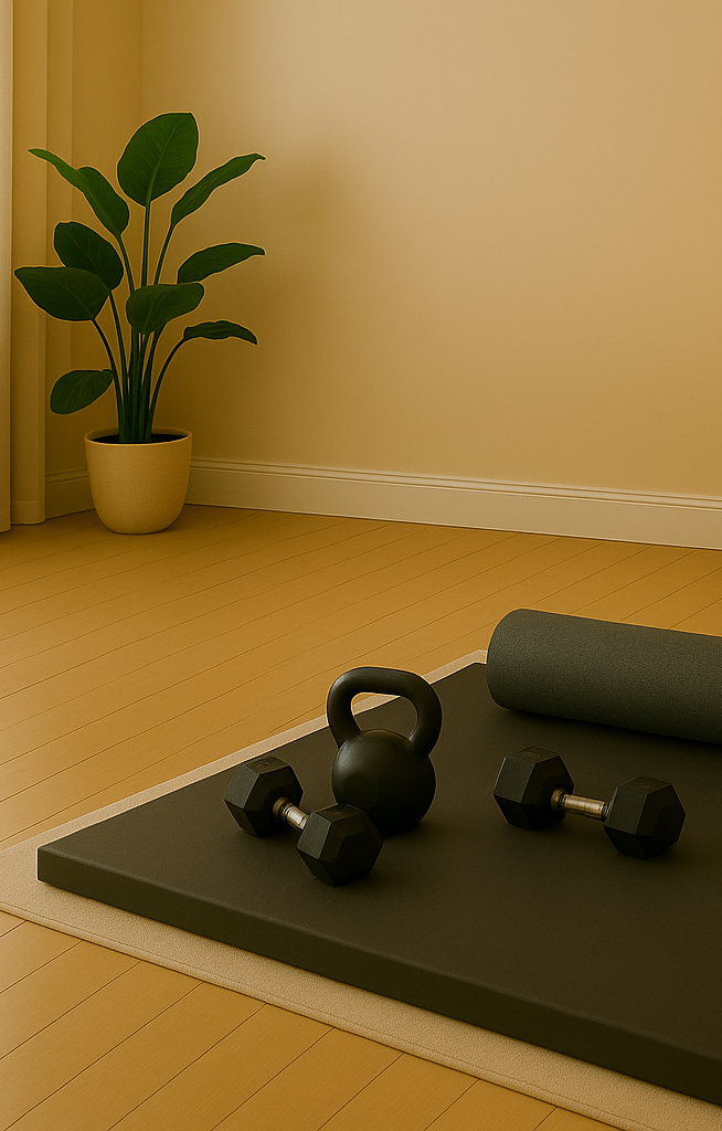 Bodywork Trainingsmatte für Kraft- und Functional-Training Trainingsmatte mit Kettlebell und Hanteln in einem hellen Fitnessraum