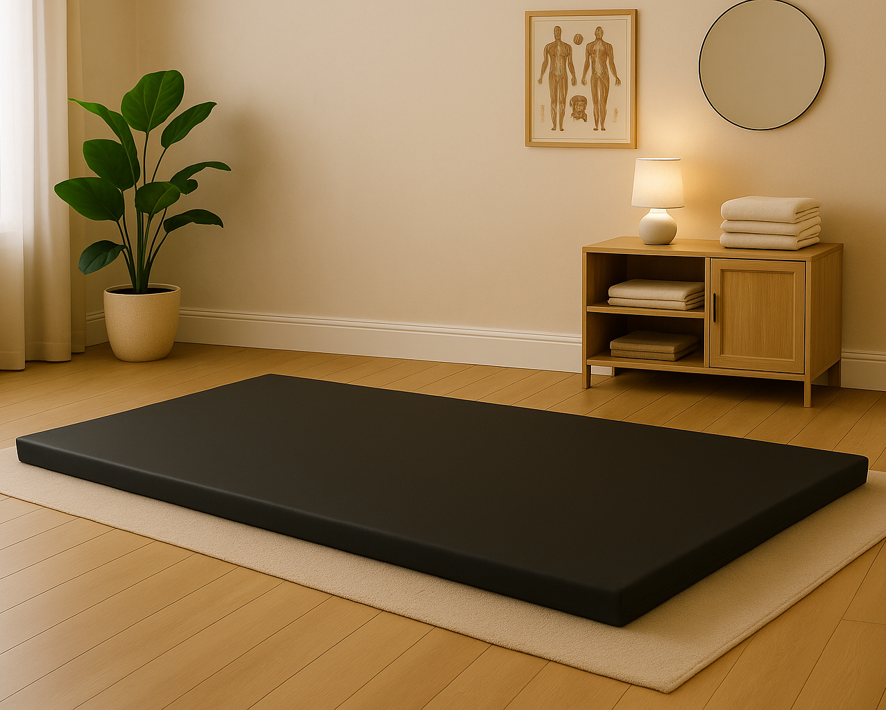 Schwarze Bodywork Trainings- und Therapiesmatte in einem modernen, warm beleuchteten Raum
