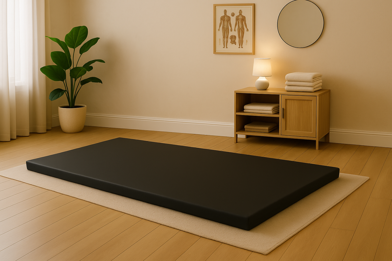 Bodywork Premium Wellnessmatte im Studio-Design Schwarze Gymnastik- und Wellnessmatte in hochwertigem Studioambiente